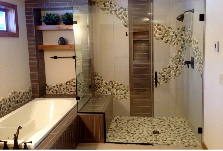 Exotic tile layout in a one level shower 