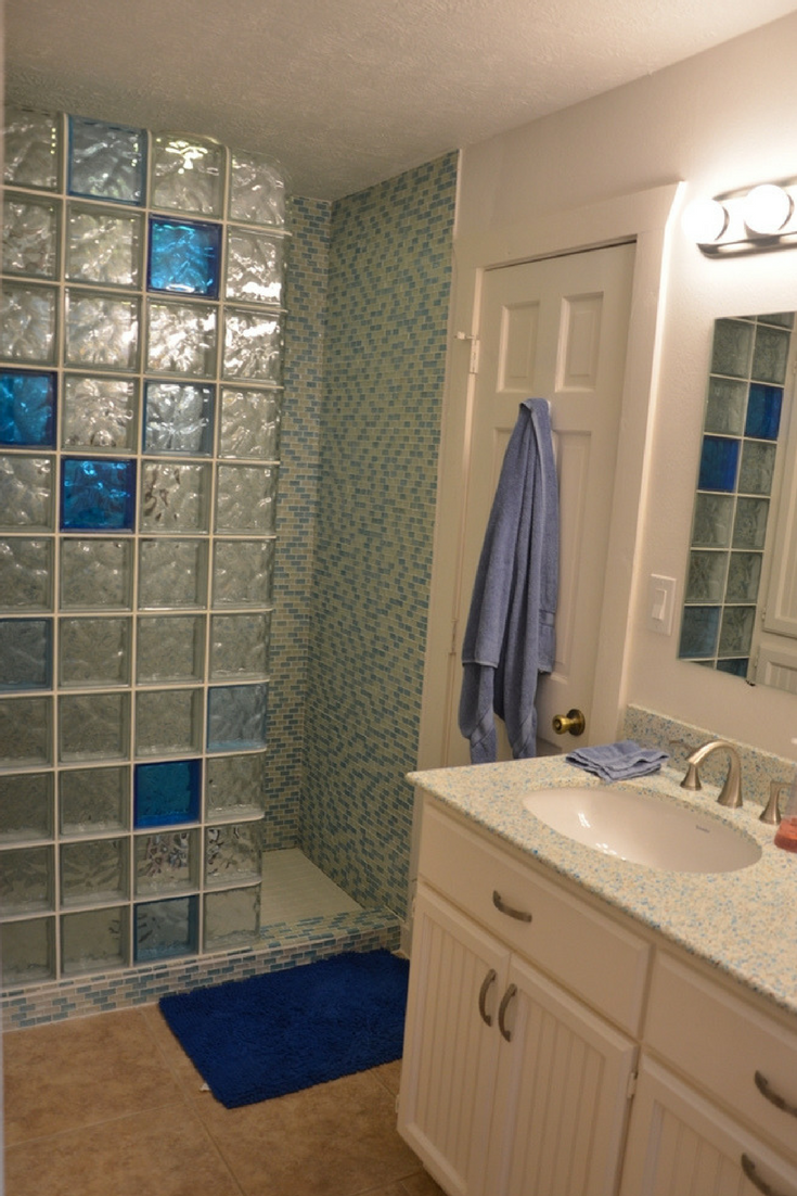 A light and dark blue color glass block shower walk in shower wall | Innovate Building Solutions 