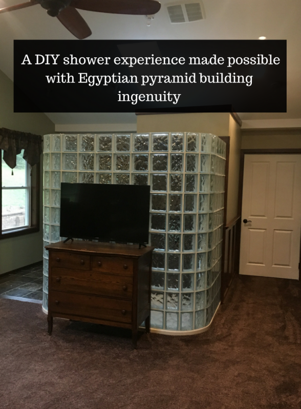 DIY Custom Prefabricated Glass Block Shower Wall and Solid Surface Base