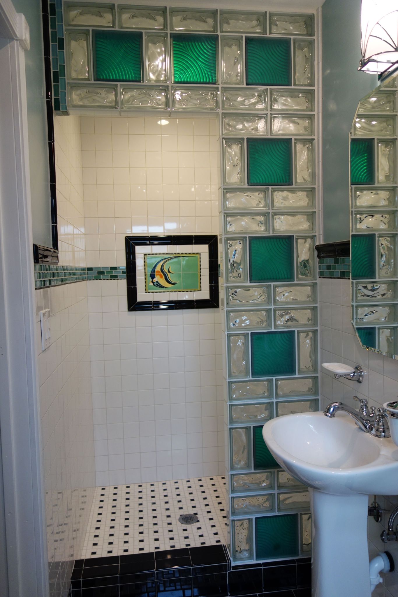 Colored Glass Block Shower in a Small Bathroom Renovation San Diego California Nationwide