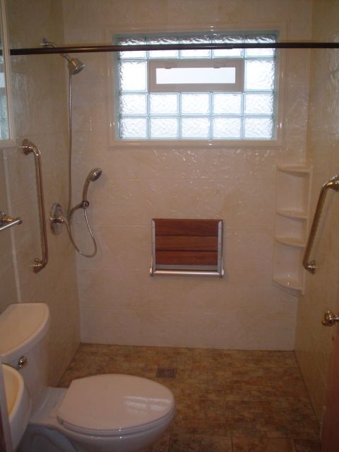 Barrier free wheelchair accessible shower in a 5' x 7' bathroom