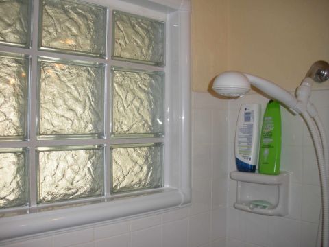 Glass block bathroom window in a shower area