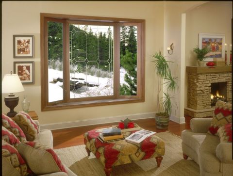 Family room bay window picture window center casement side windows