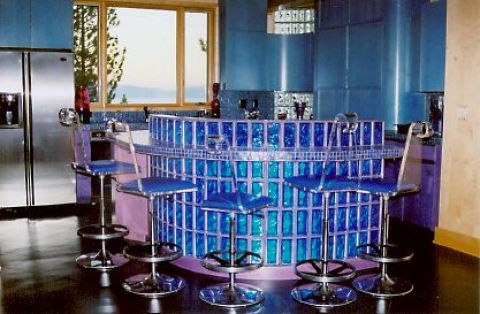 Blue colored glass block bar in a kitchen