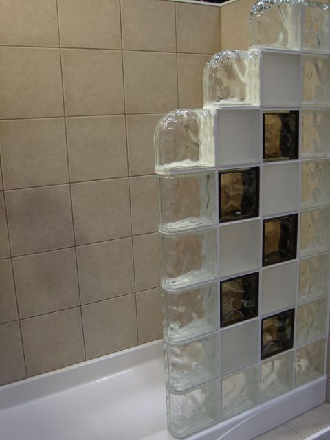 Colored & Frosted Glass Block Shower Wall Using Finished End Blocks