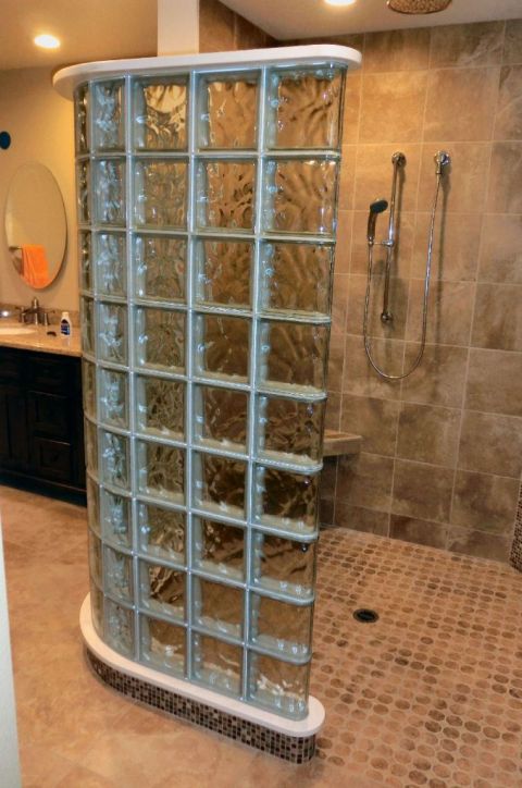 Curved glass block shower with a curbless entrance in Simi Valley California