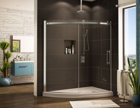 Curved shower base with curved glass shower enclosure slice design