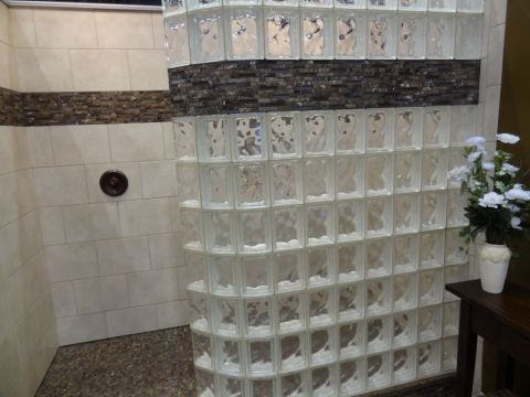 Curved glass block walk in shower wall decorative tile border expanded polystyrene base