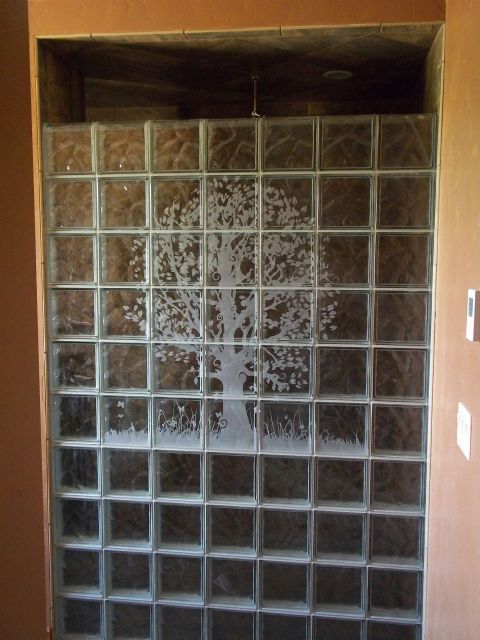 Etched Tree Mural in a Glass Block Shower wall