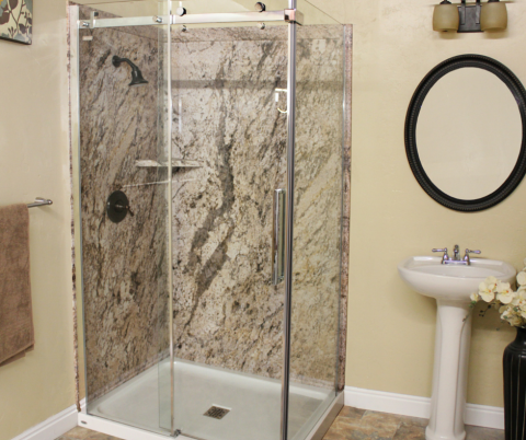 Stone look grout free shower panels