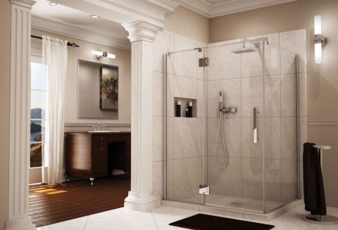 Frameless pivot shower door & enclosure with intelligent heavy duty hardware Fleurco line