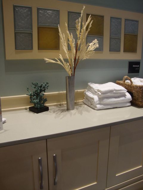 Frosted glass blocks with color used in a laundry room