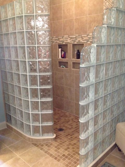 Glass block shower with a ready for tile shower base