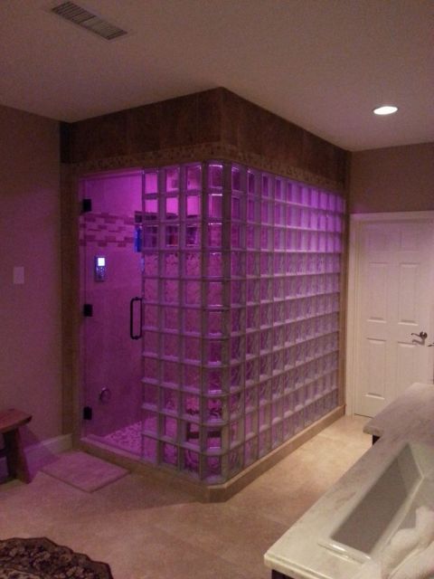 Glass block steam shower with Kohler spa shower system with LED lights Atlanta Georgia