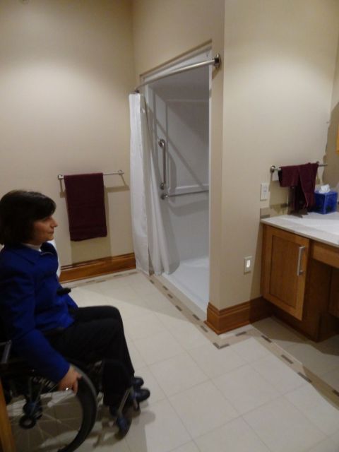 Guest bath in Universal Design Living Laboratory wider turning radius roll in shower columbus ohio Rosemarie Rossetti