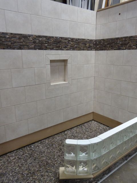 Handicapped Accessible Roll in Shower with Curved Glass Block Wall in Process