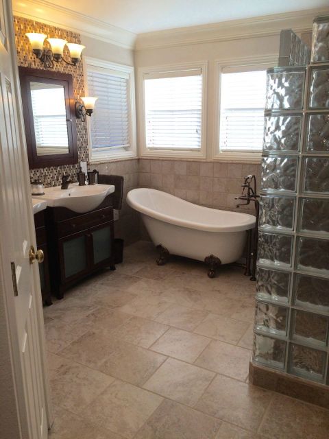 Master bath remodeling with a glass block walk in shower in Martinez California