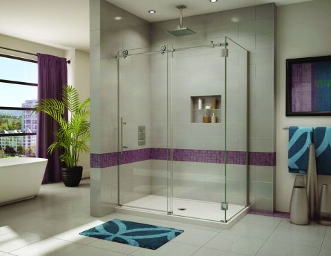 Luxury sliding shower door with a rectangular base in Fleurco Kinetic line