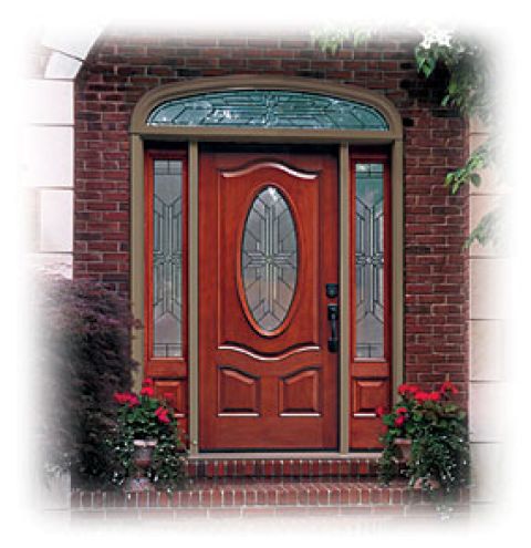 Fiberglass front entry door and sidelight system with decorative glass