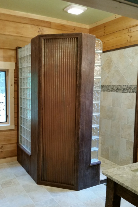 NEO angle glass block shower in a log home in PA