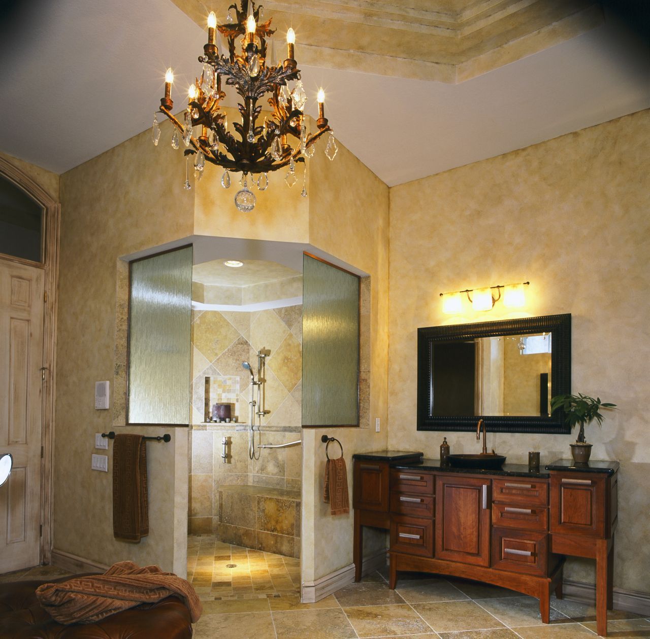 No curb high end shower with hand held shower and decorative grab bars