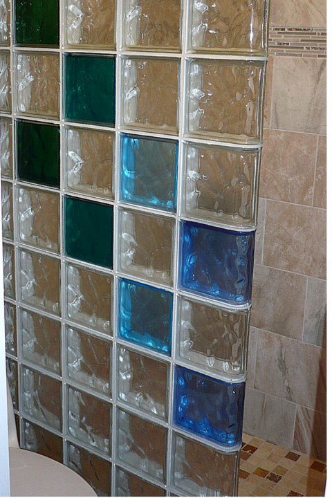 Colored glass block shower wall in Los Alamos New Mexico
