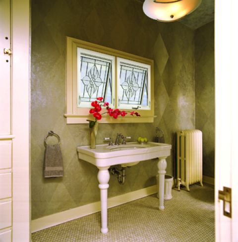 Square Operable Awning Style Decorative Glass Window in a Bathroom