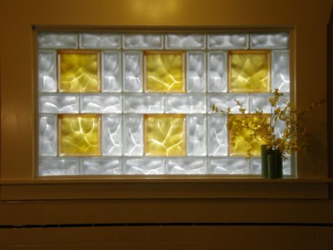 Colored and frosted glass blocks using 4 x 8 and 8 x 8 blocks in a bath window