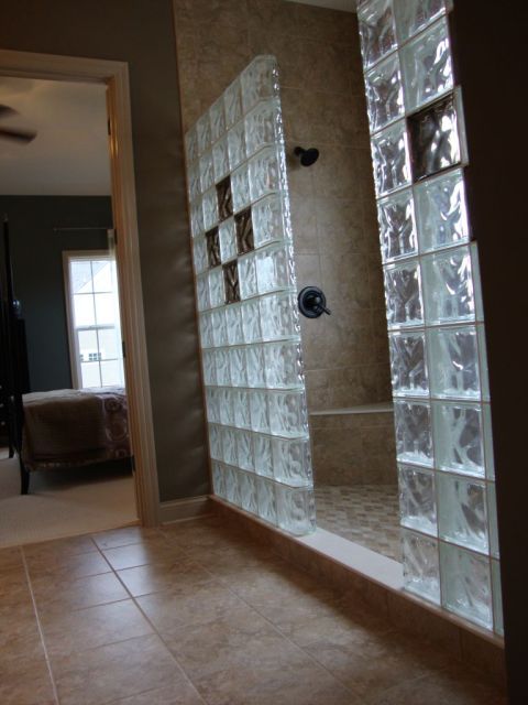 glass block shower in new construction with colored glass blocks in columbus ohio