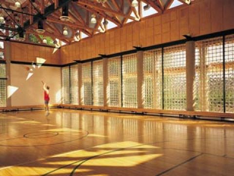 Solid security glass block in gym window sections