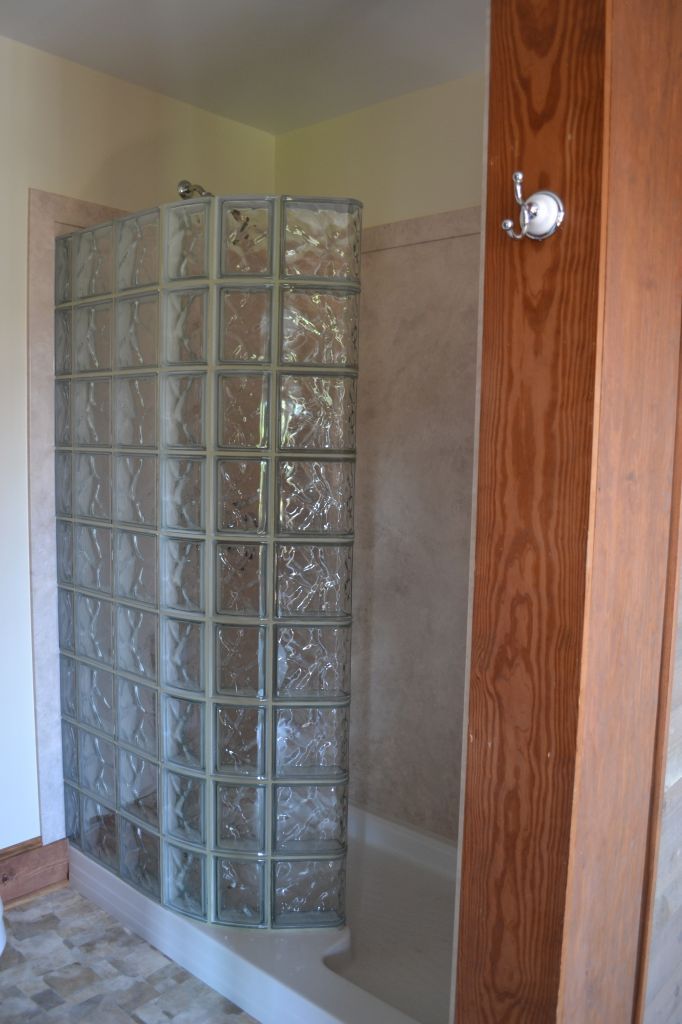 Glass block walk in shower kit with acrylic base and DIY interior shower wall panels