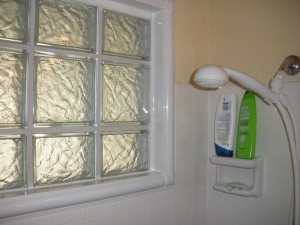 Glass block bathroom window in a shower area 