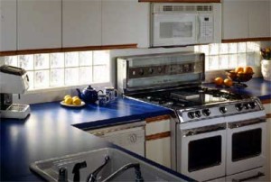 Glass block kitchen windows underneath cabinetry