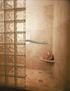 Walk in glass block shower, decorative grab bar, corner seat