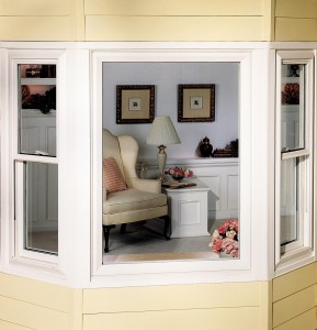 Outside view of bay window with operable double hung side windows