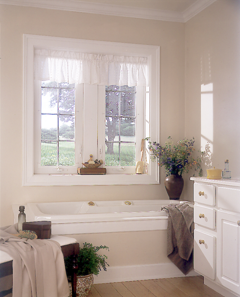 Vinyl, wooden crank out casement window, custom bathroom attic