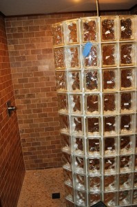 Walk in curved glass block shower on a houseboat