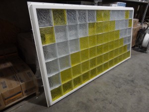 8' x 4' vinyl framed amber yellow colored glass block window before shipment