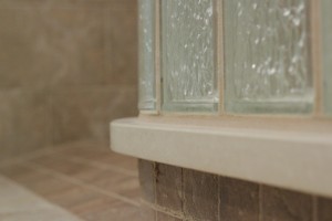 Close up of a curbless shower base (ready for tile) with slip resistant tiles