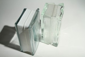 Thinner glass block series on left saves on weight and cost for wall projects