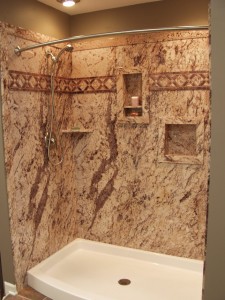 Decorative shower makeover using Sentrel wall surrounds to create the look of real stone 