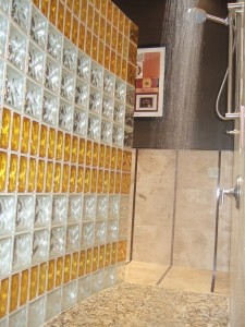 Colored and Frosted glass blocks for style and interest for a shower wall