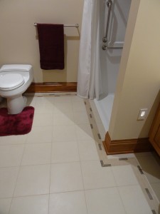 Comfort height toilet decorative grab bar and higher outlets in accessible guest bathroom UDLL home columbus ohio