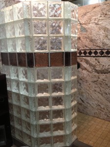 Decorative colored glass block shower wall with Sentrel wall surround system