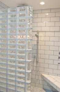4 x 8 glass blocks laid horizontally in a shower wall
