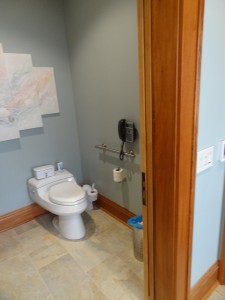 Comfort height toilet with a decorative grab bar in a wide turning radius toilet room in Columbus Ohio