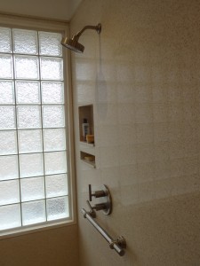 Universal design shower with a glass block privacy window