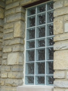 Bathroom glass block windows at St. James Episcopal Church in Columbus Ohio with mortar around sides