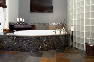 Frosted glass block shower wall for privacy in a Cleveland Ohio bathroom remodeling project 