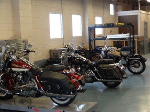 Glass block windows on the side of 45 degree cycles industrial building 